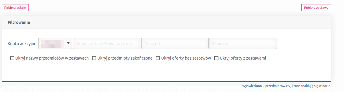 filtrowanie zestawów i aukcji