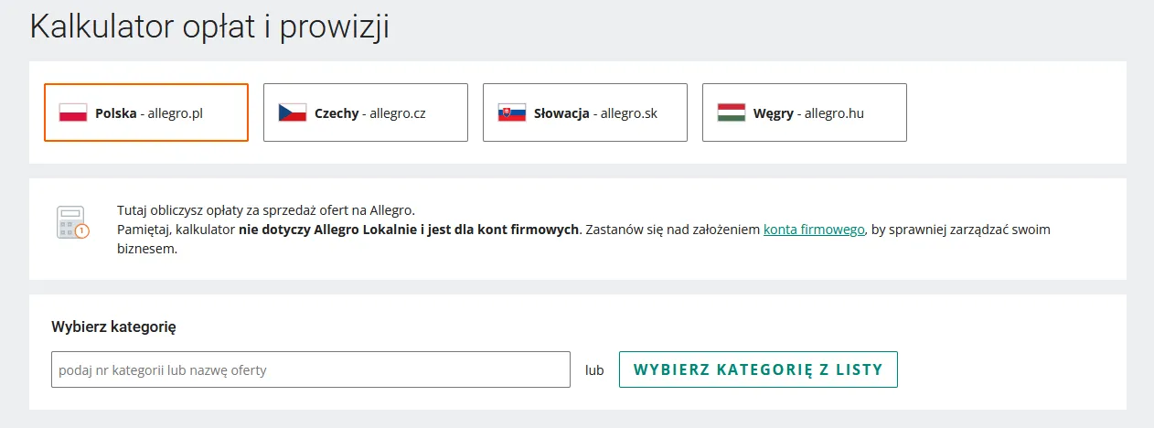 Wybór kategorii w kalkulatorze prowizji