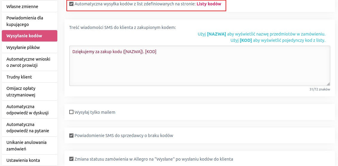 wysyłka listy kodów